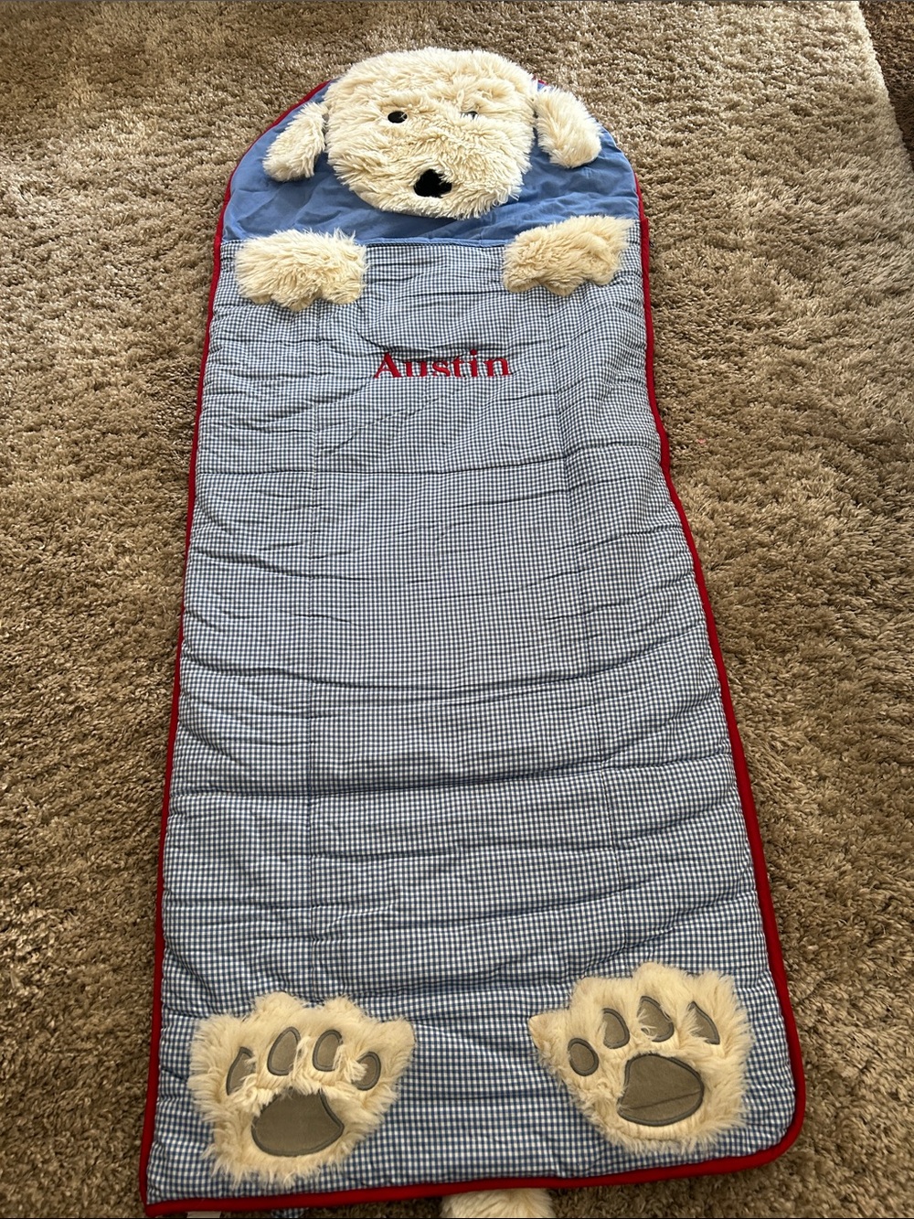Pottery Barn Kids Blue Gingham Puppy Sleeping Bag with Cream Fur Accents